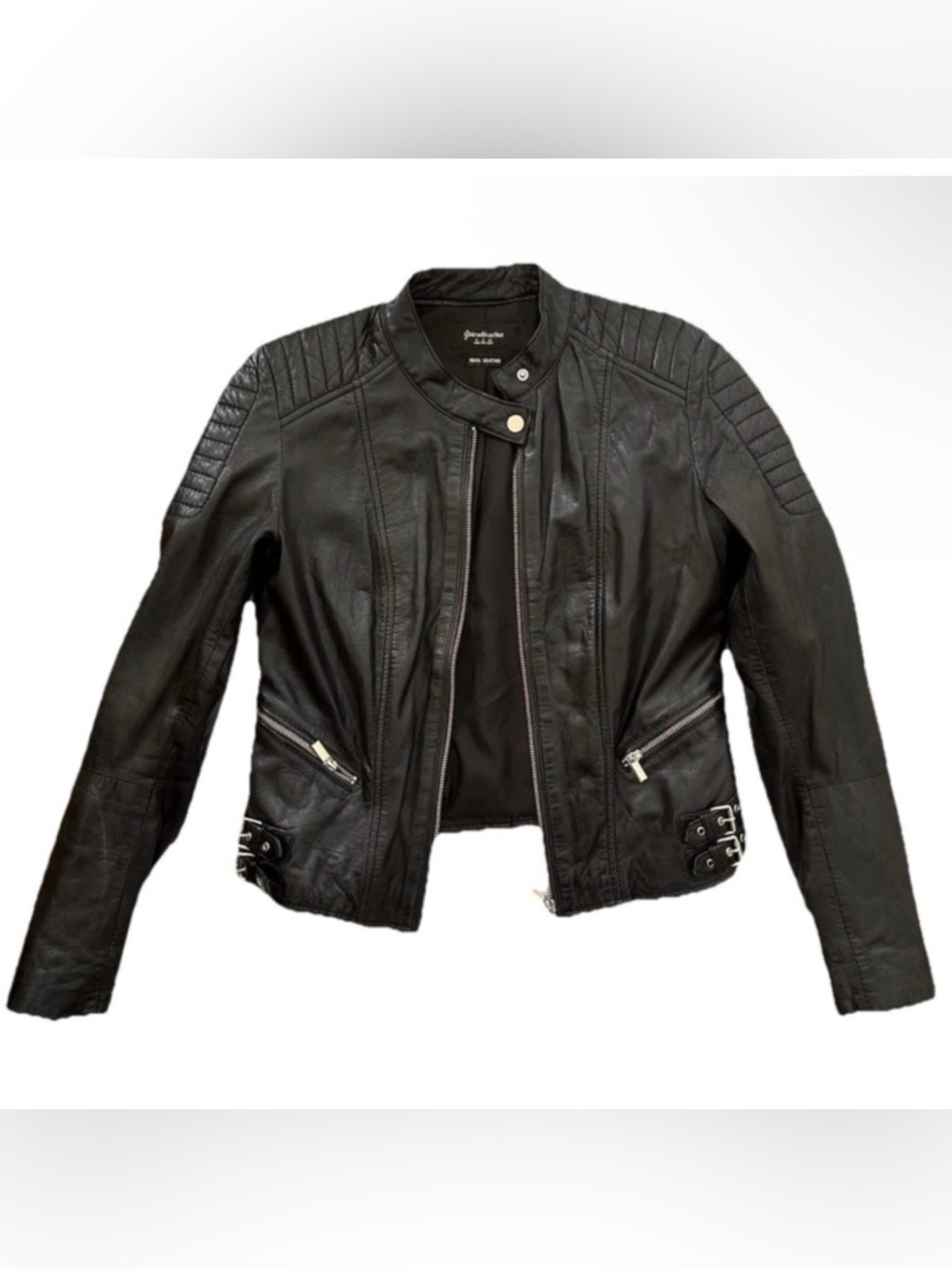 Stradivarius Genuine Black Leather Buckle Detail Zippered Moto Jacket Size Small